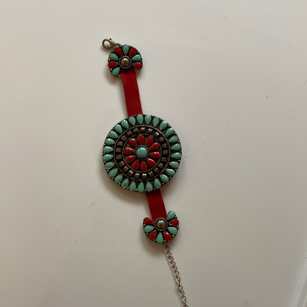 Aztec designed bracelet - red and turquoise